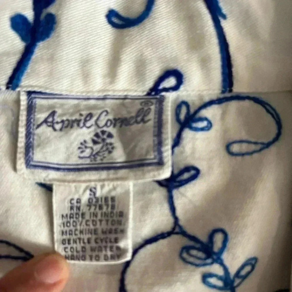 ❤️2/$50❤️[S] April Cornell Blue Embroidered White Cotton Tunic Dress Blouse - Picture 5 of 11